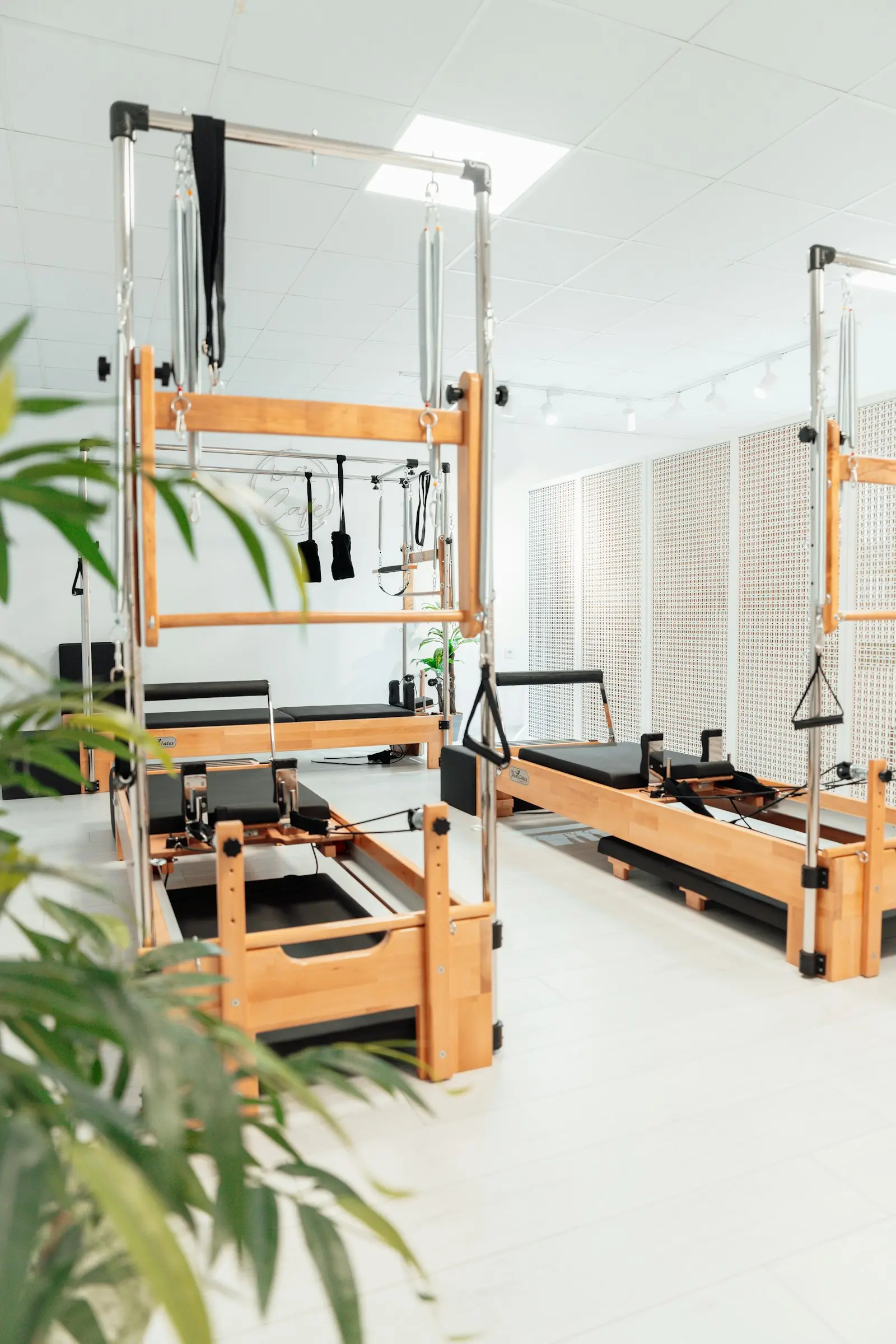 Reformers et tour de Pilates en bois dans un studio lumineux avec des plantes