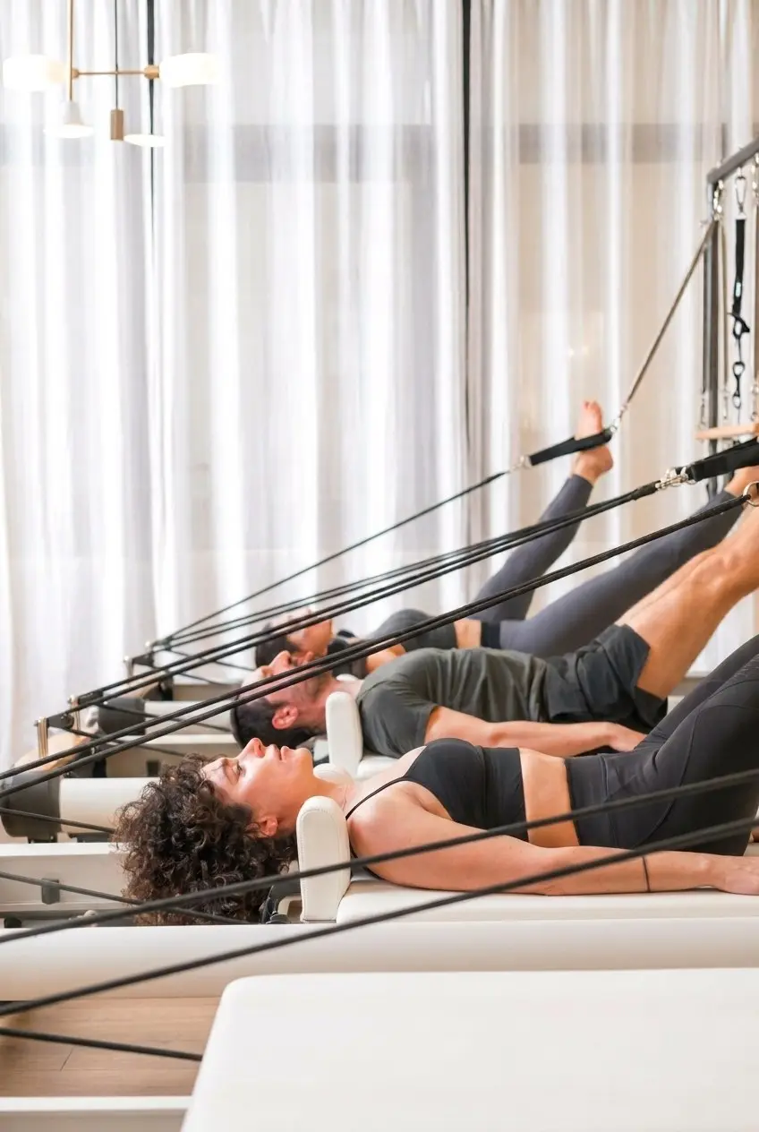 Collègues en séance de Reformer Pilates, allongés sur les Reformers