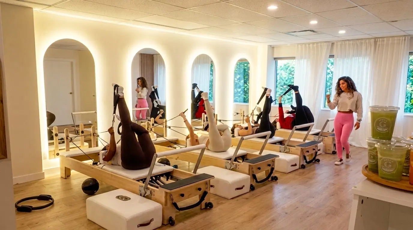 Le studio BLVD Pilates à Laval : rangée de Reformers, miroirs en arche et grandes fenêtres